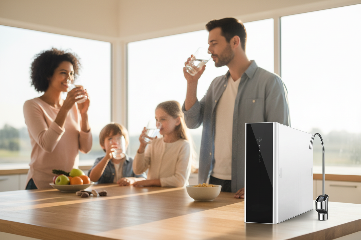 Grafika lifestyle - rodzina pijąca czystą wodę